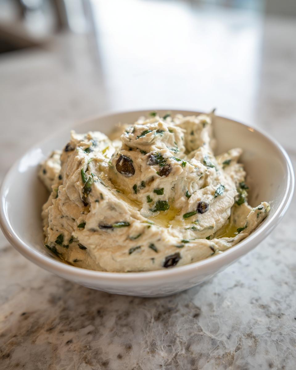 Close-up of a creamy, thick olive dip mixed with herbs and black olive pieces, drizzled with olive oil.