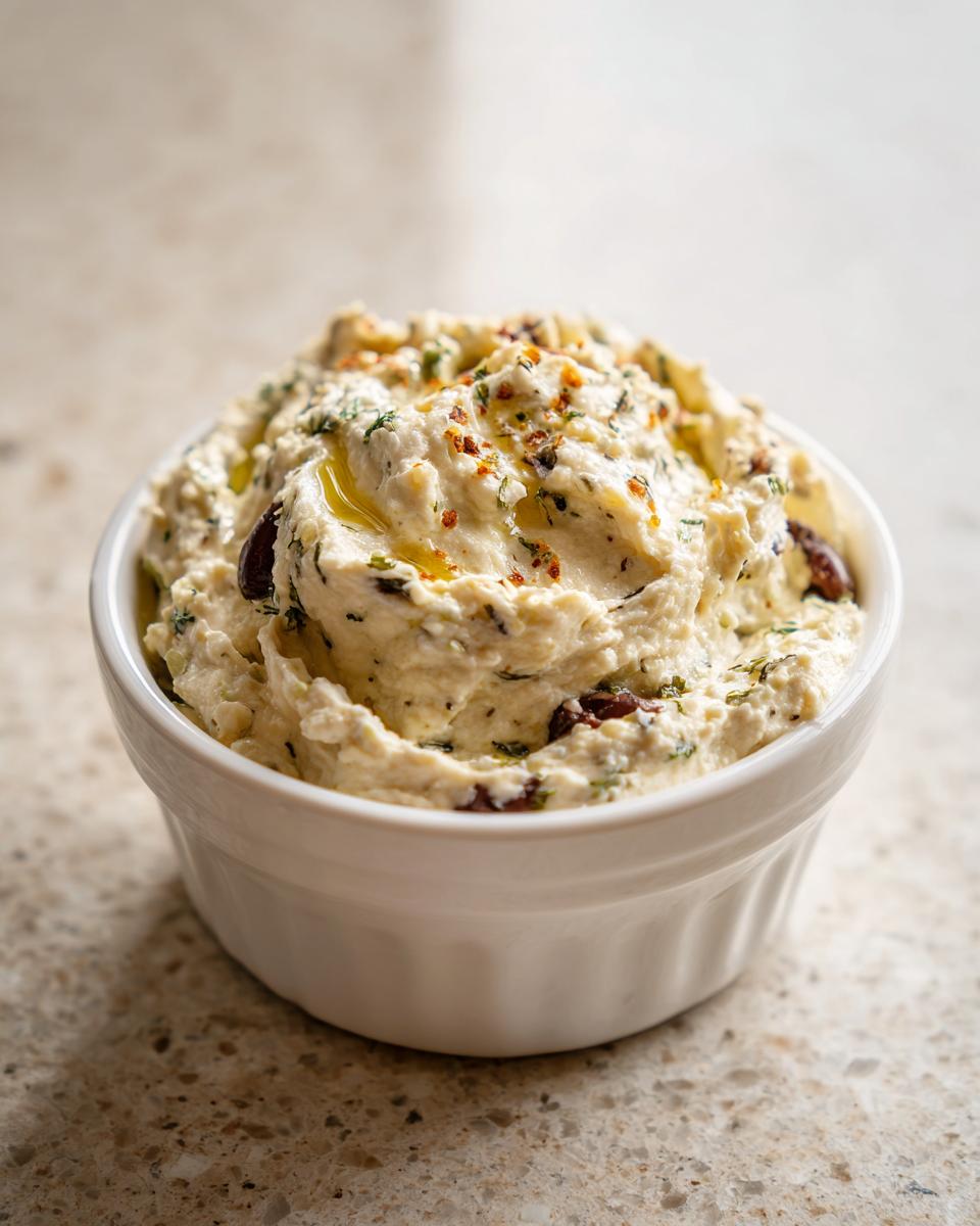A close-up of a creamy, textured olive dip topped with herbs, chili flakes, and olive oil in a white bowl.