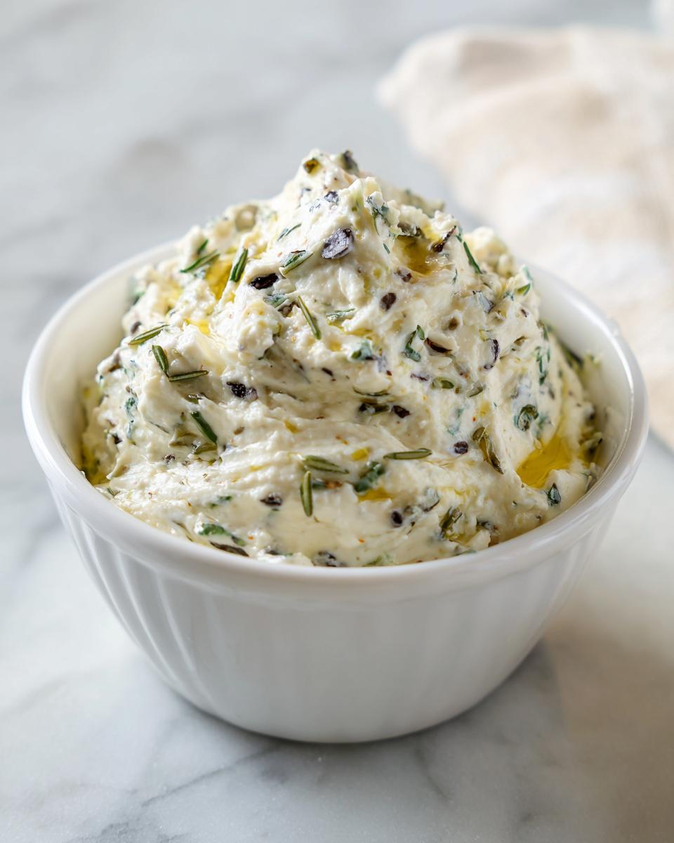 A close-up of a creamy, herbed olive dip, studded with chopped black olives and rosemary, served in a white bowl.