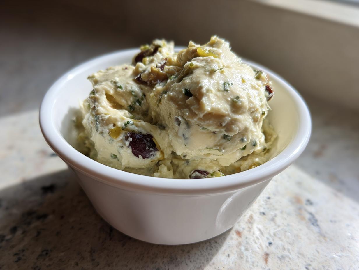 A close-up of a creamy, textured olive dip, featuring chunks of dark olives and green herbs, served in a small white bowl.