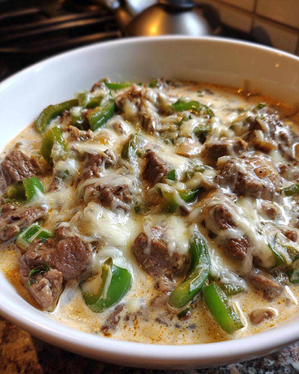 A close-up of a white bowl filled with creamy philly cheese steak soup, topped with melted white cheese, beef chunks, and green bell peppers.