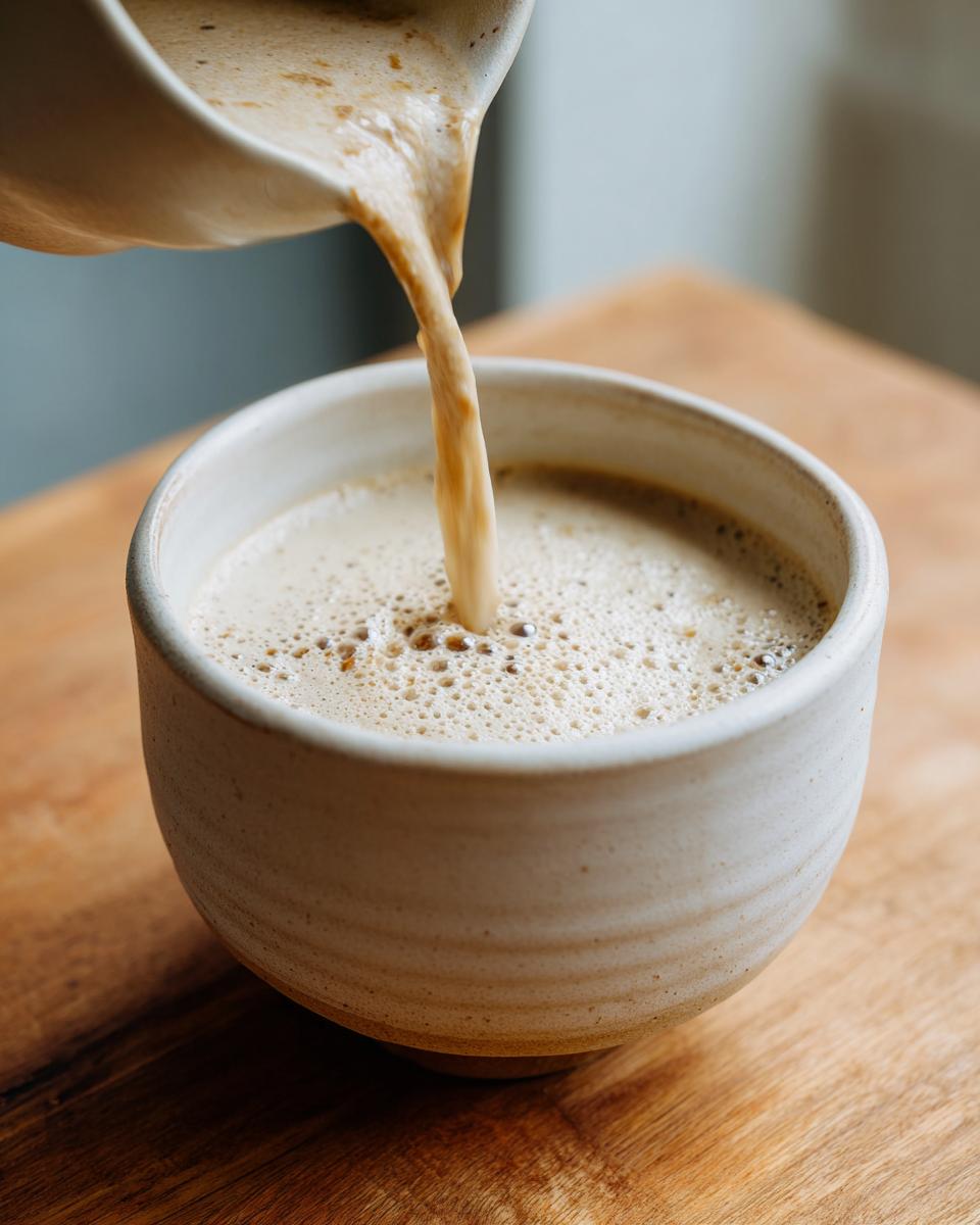 Creamy liquid being poured from a small pitcher into a rustic bowl, likely cream or milk finishing the roasted cauliflower soup.