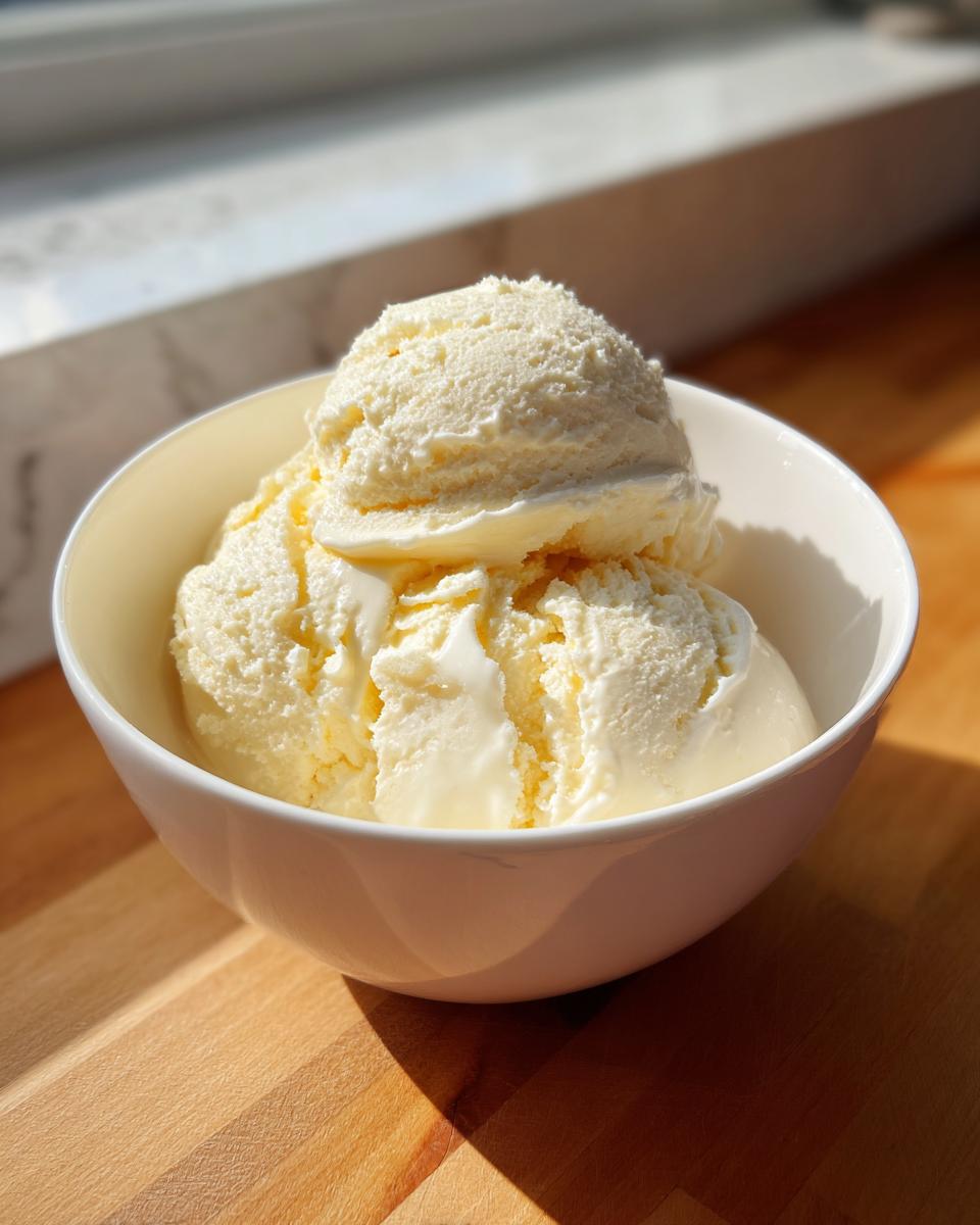 Three scoops of creamy, vanilla-colored protein ice cream melting slightly in a white bowl on a wooden surface.