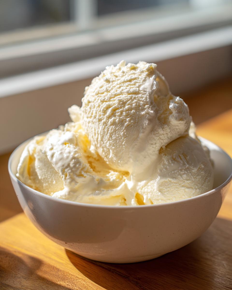 Close-up of several scoops of creamy vanilla-colored protein ice cream served in a white bowl.