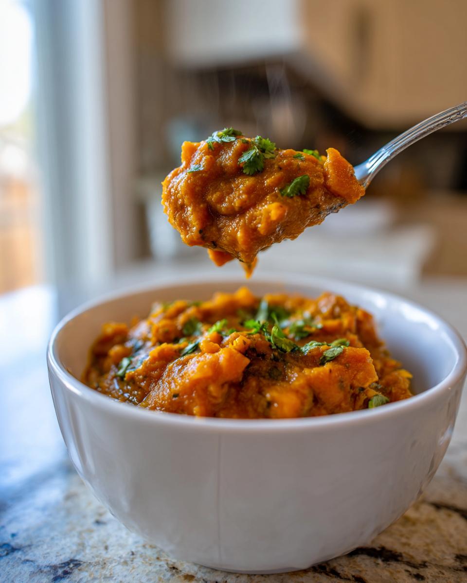 A spoonful of creamy, orange pumpkin curry garnished with cilantro is lifted above a white bowl of the curry.