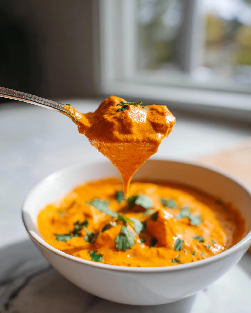 A spoonful of rich, creamy orange pumpkin curry is lifted above a white bowl garnished with cilantro.
