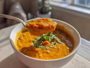 A spoonful of thick, vibrant orange pumpkin curry being lifted from a white bowl, garnished with fresh cilantro.