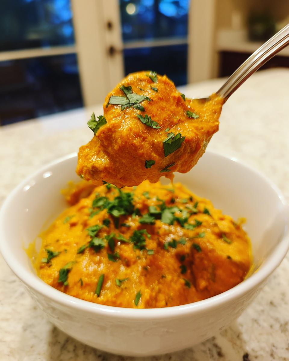 A spoonful of rich, orange pumpkin curry topped with fresh cilantro being lifted from a white bowl.
