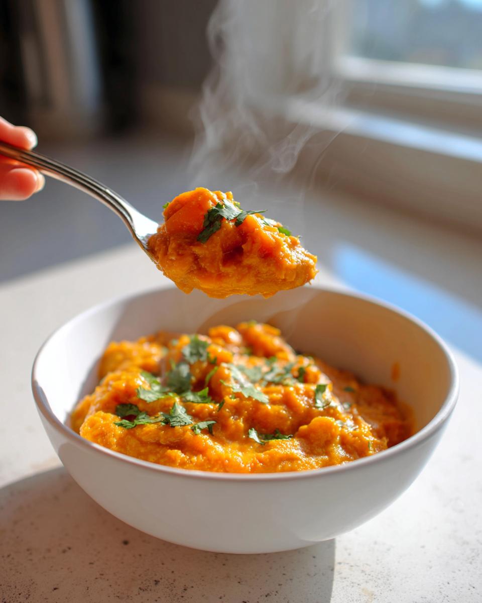 A spoonful of hot, creamy pumpkin curry being lifted from a white bowl, garnished with cilantro.