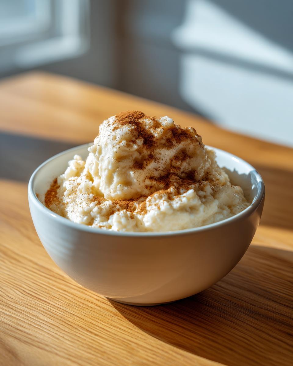 A close-up of creamy rice pudding served in a white bowl, generously topped with ground cinnamon.
