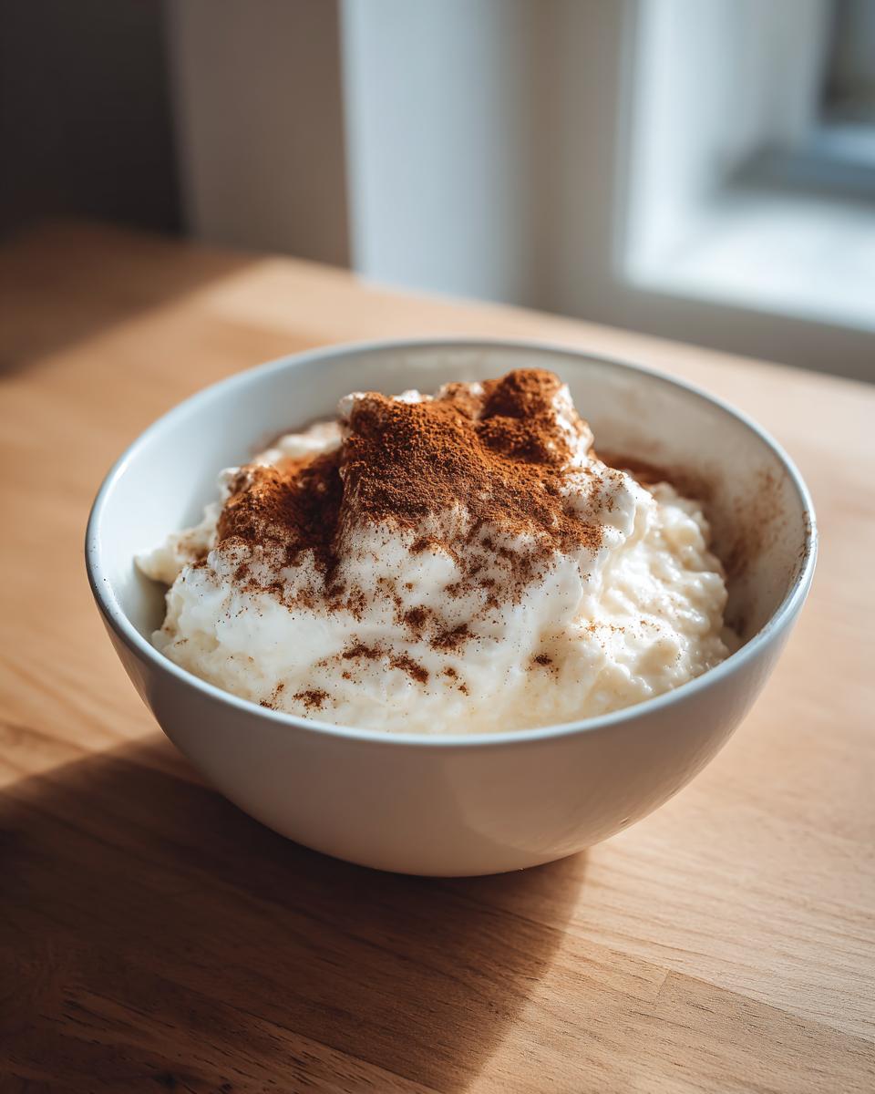 A close-up of creamy rice pudding topped with whipped cream and a generous dusting of cinnamon in a white bowl.