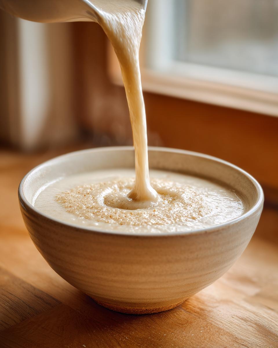 Close-up of creamy roasted cauliflower soup being poured from a ladle into a rustic bowl on a wooden surface.