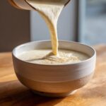 Thick, creamy roasted cauliflower soup being poured from a small pitcher into a rustic bowl, topped with pepper.