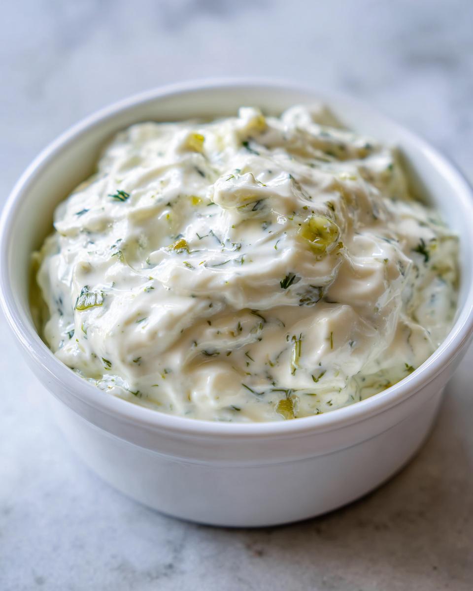 Close-up of thick, creamy homemade tartar sauce mixed with chopped pickles and herbs in a small white bowl.