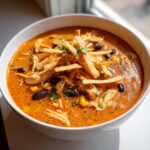 Close-up of a creamy, orange-hued tortilla soup recipe bowl filled with shredded chicken, black beans, corn, and crispy tortilla strips.