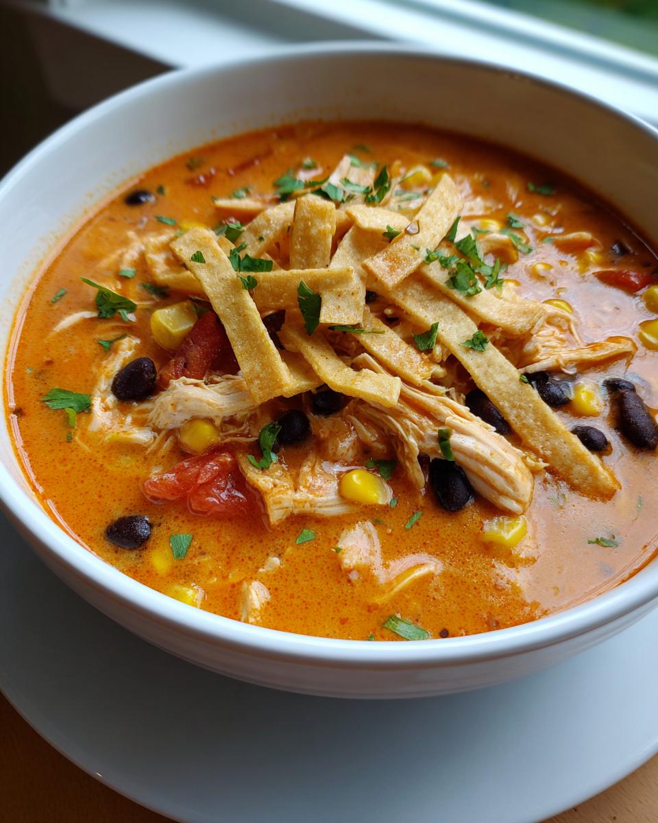 Close-up of a bowl of creamy, orange-colored tortilla soup recipe, topped with shredded chicken, black beans, corn, and crispy tortilla strips.
