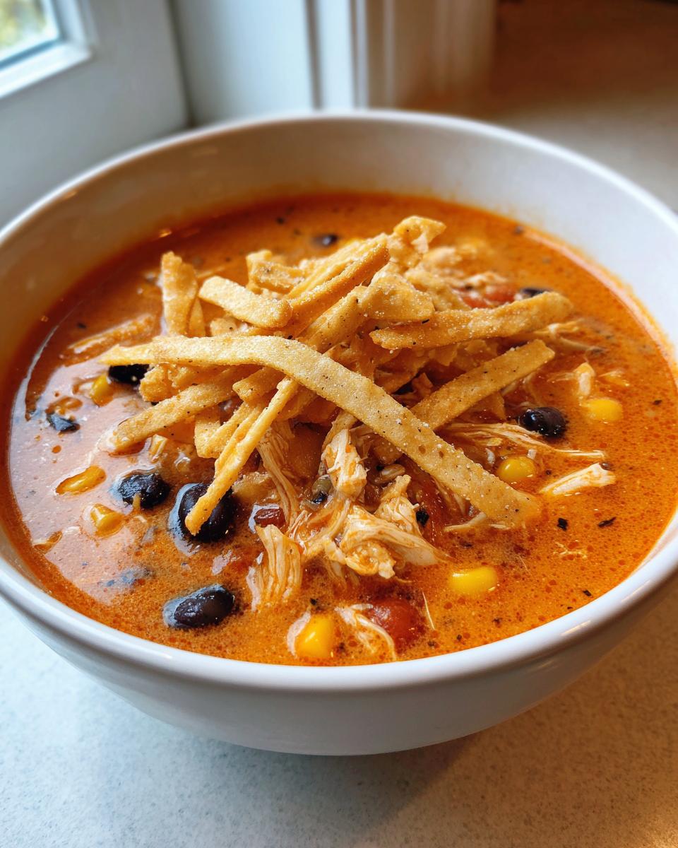Close-up of a bowl of creamy, orange-hued tortilla soup recipe, topped with shredded chicken, black beans, corn, and crispy tortilla strips.