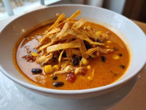 A close-up of a bowl of creamy, orange-hued tortilla soup recipe topped generously with shredded chicken, black beans, corn, and crispy tortilla strips.