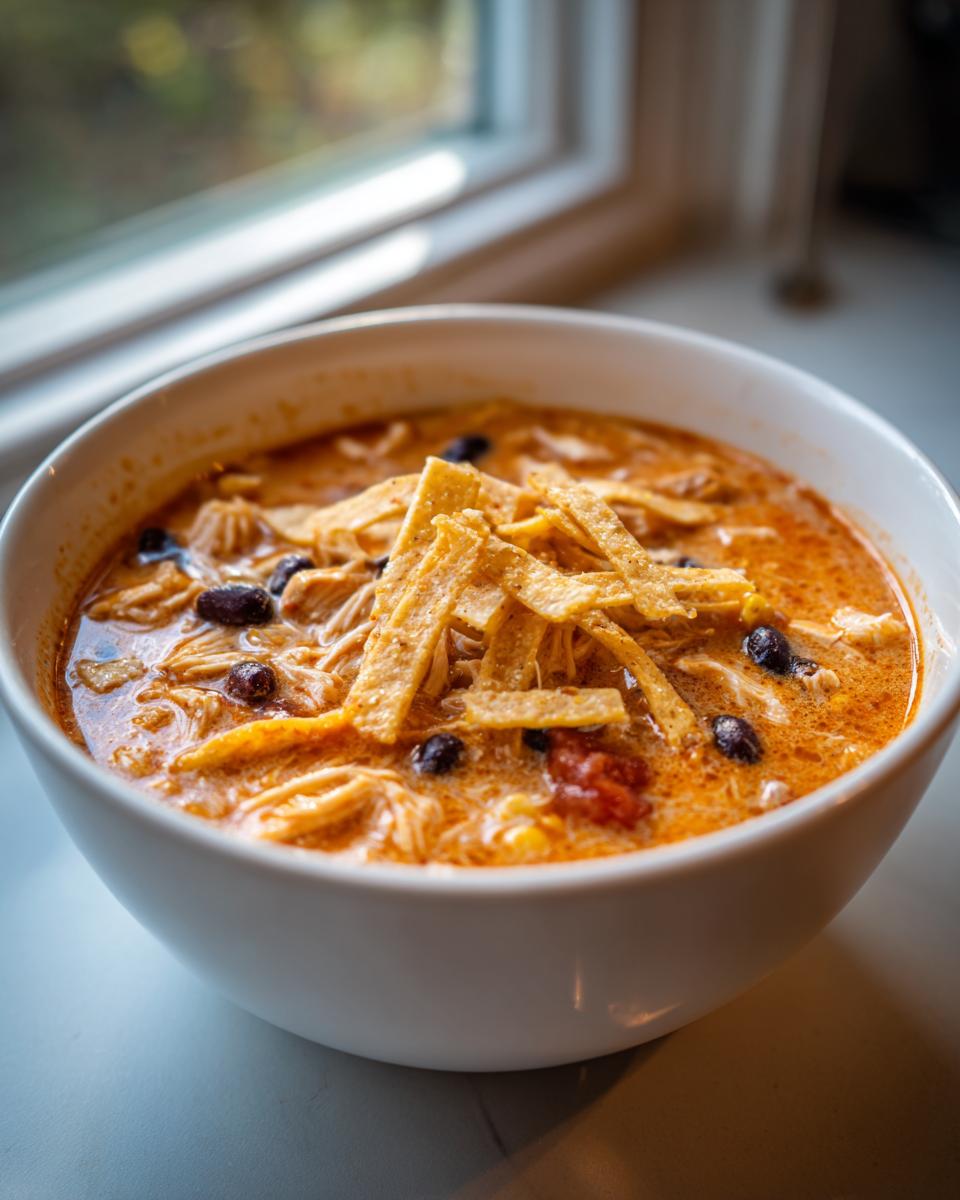 A close-up of a white bowl filled with creamy, orange-hued tortilla soup, topped with black beans and crispy tortilla strips.