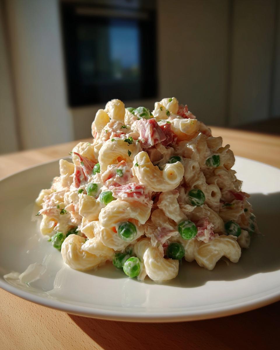 A mound of creamy Tuna Pasta Salad made with elbow macaroni, green peas, and diced ham, served on a white plate.