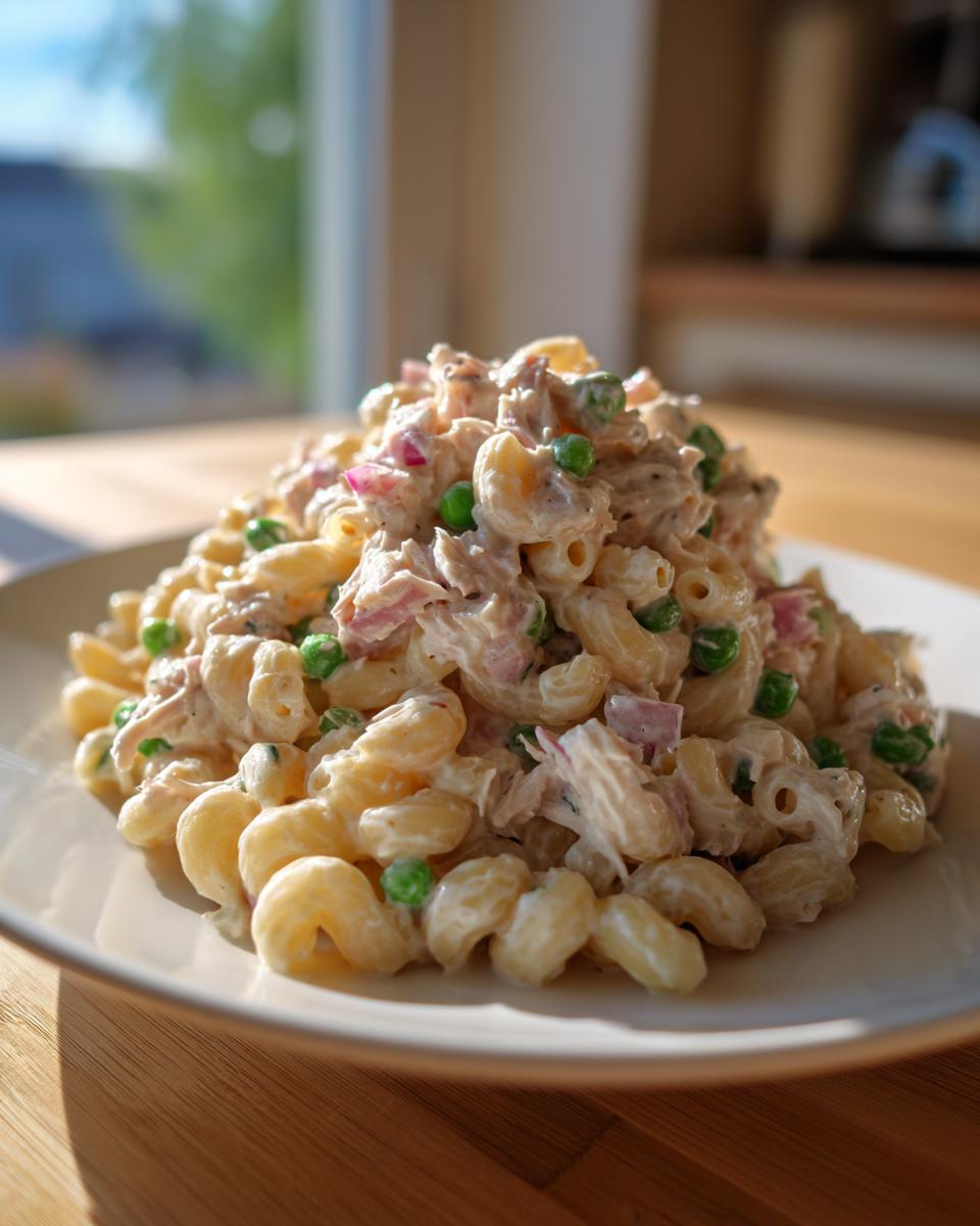 A generous serving of creamy Tuna pasta salad featuring elbow macaroni, peas, and diced red onion on a white plate.