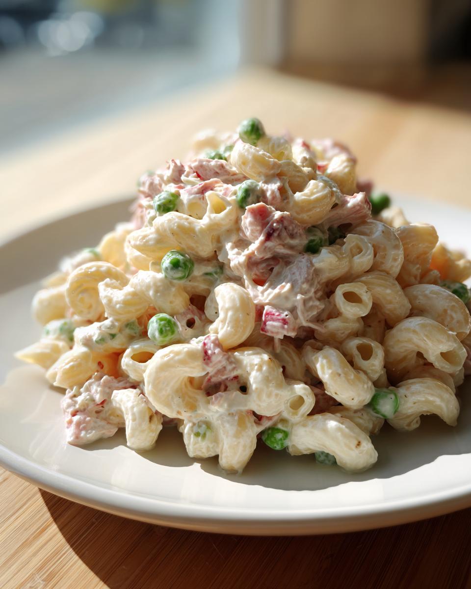 A close-up of creamy Tuna Pasta Salad featuring elbow macaroni, green peas, and pinkish chunks, served on a white plate.