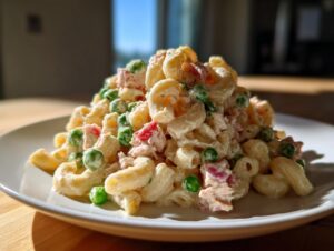 A mound of creamy tuna pasta salad featuring elbow macaroni, bright green peas, and chunks of tuna on a white plate.