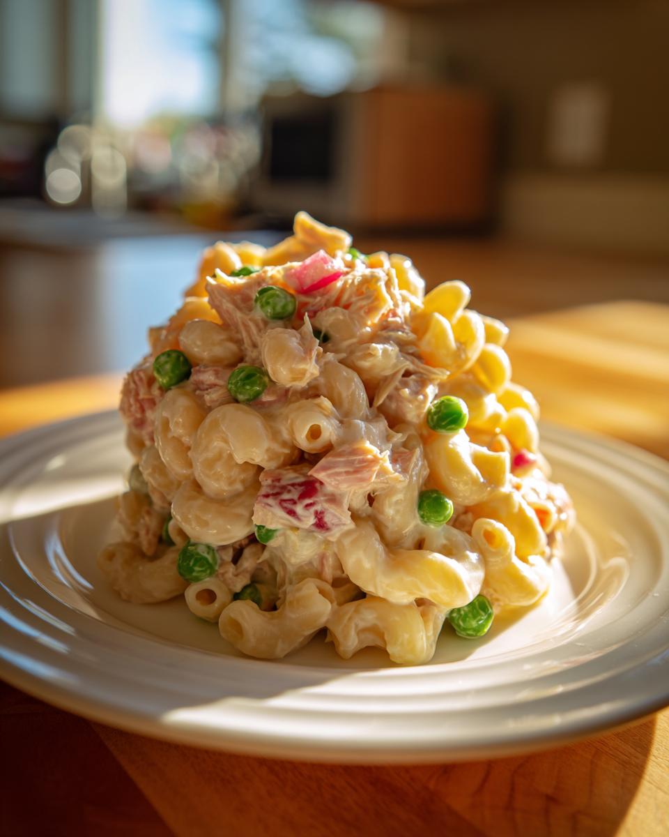 A molded serving of creamy tuna pasta salad with elbow macaroni, green peas, and visible tuna chunks on a white plate.