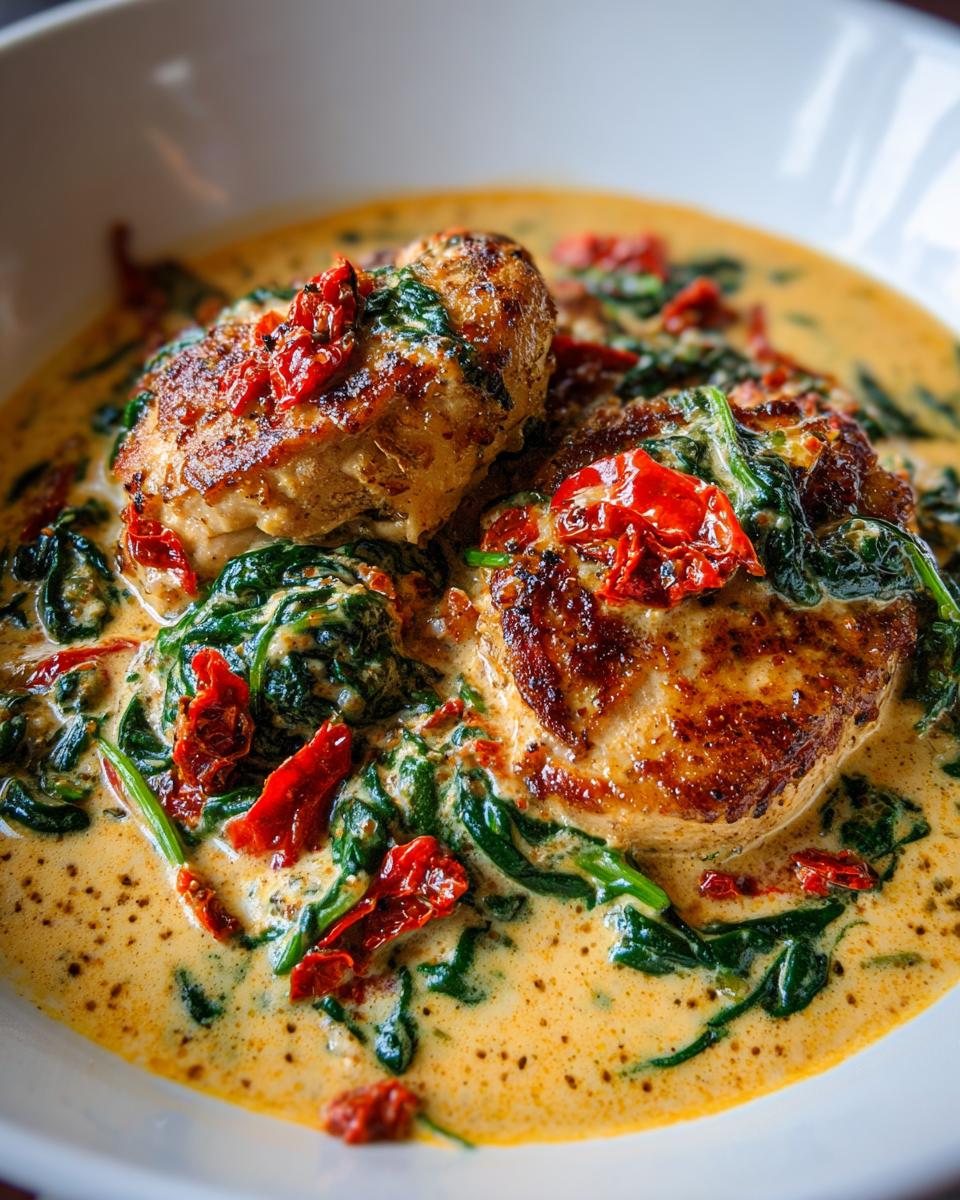 Close-up of seared chicken breasts smothered in a rich, creamy Tuscan chicken sauce with spinach and sun-dried tomatoes.