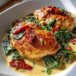 Close-up of two golden-brown chicken breasts smothered in a creamy sauce with spinach and sun-dried tomatoes, highlighting the creamy tuscan chicken.