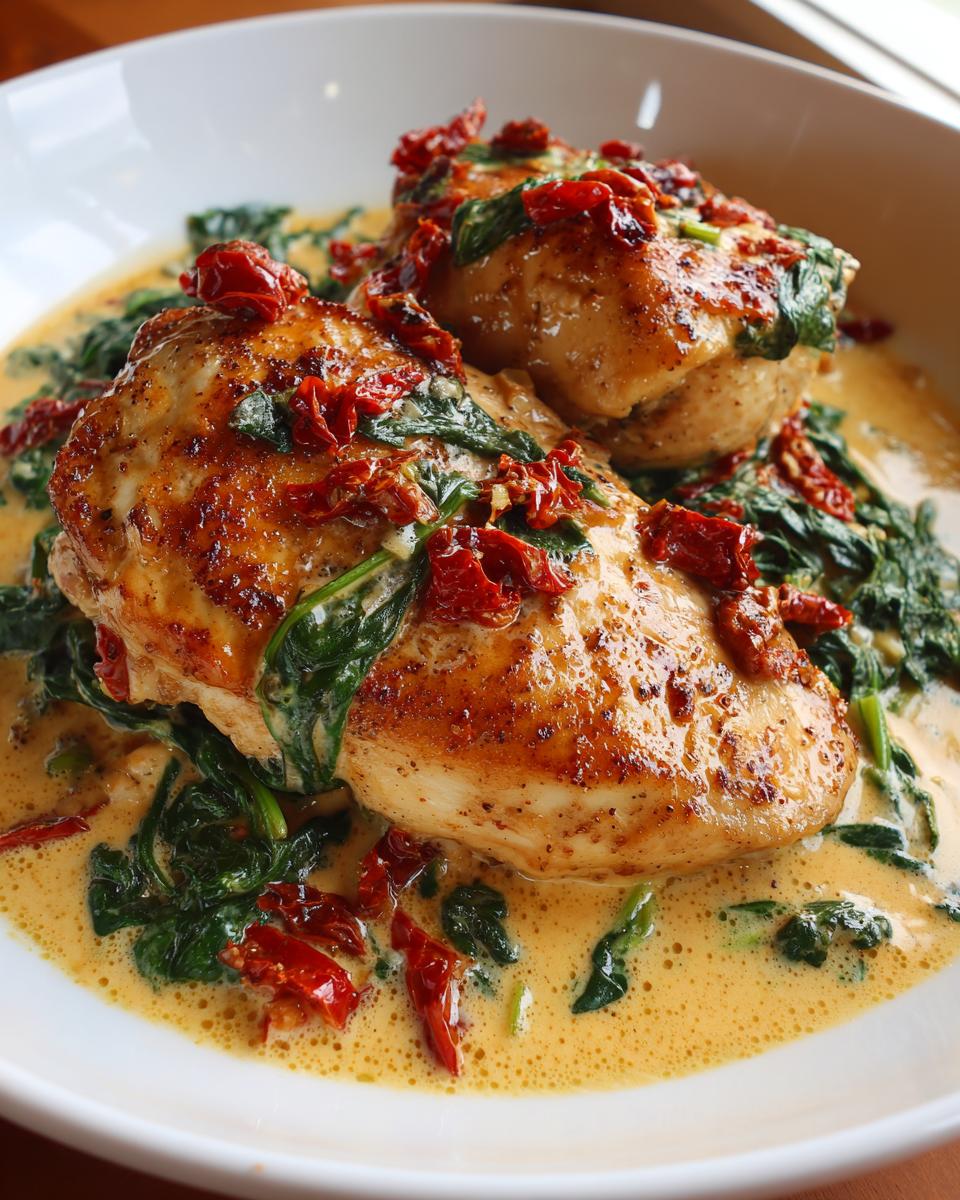 Two golden-brown chicken breasts smothered in a rich, creamy sauce with spinach and sun-dried tomatoes, the signature creamy tuscan chicken.