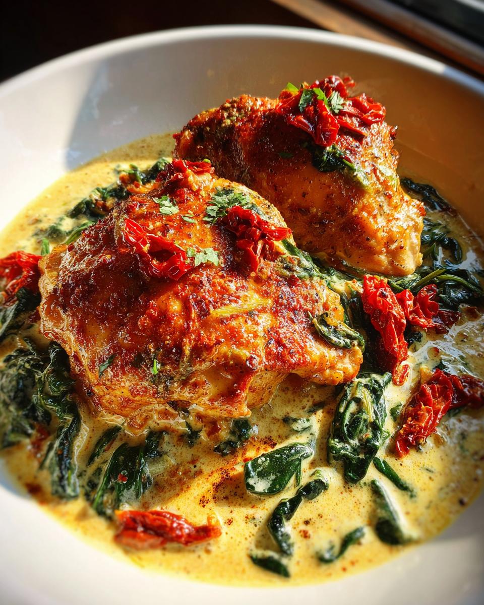 Two golden-brown chicken pieces served in a rich, creamy sauce with spinach and sun-dried tomatoes, the star of creamy tuscan chicken.