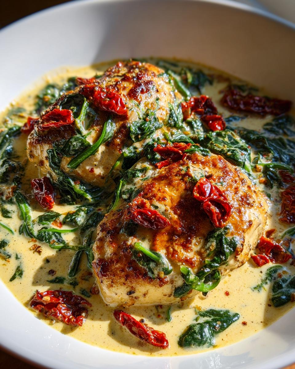Two seared chicken breasts smothered in a rich, creamy sauce with spinach and sun-dried tomatoes, the star of creamy tuscan chicken.