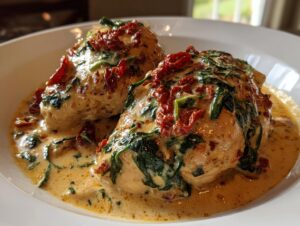 Two perfectly cooked chicken breasts smothered in a rich, creamy sauce with spinach and sun-dried tomatoes, ready to eat creamy tuscan chicken.