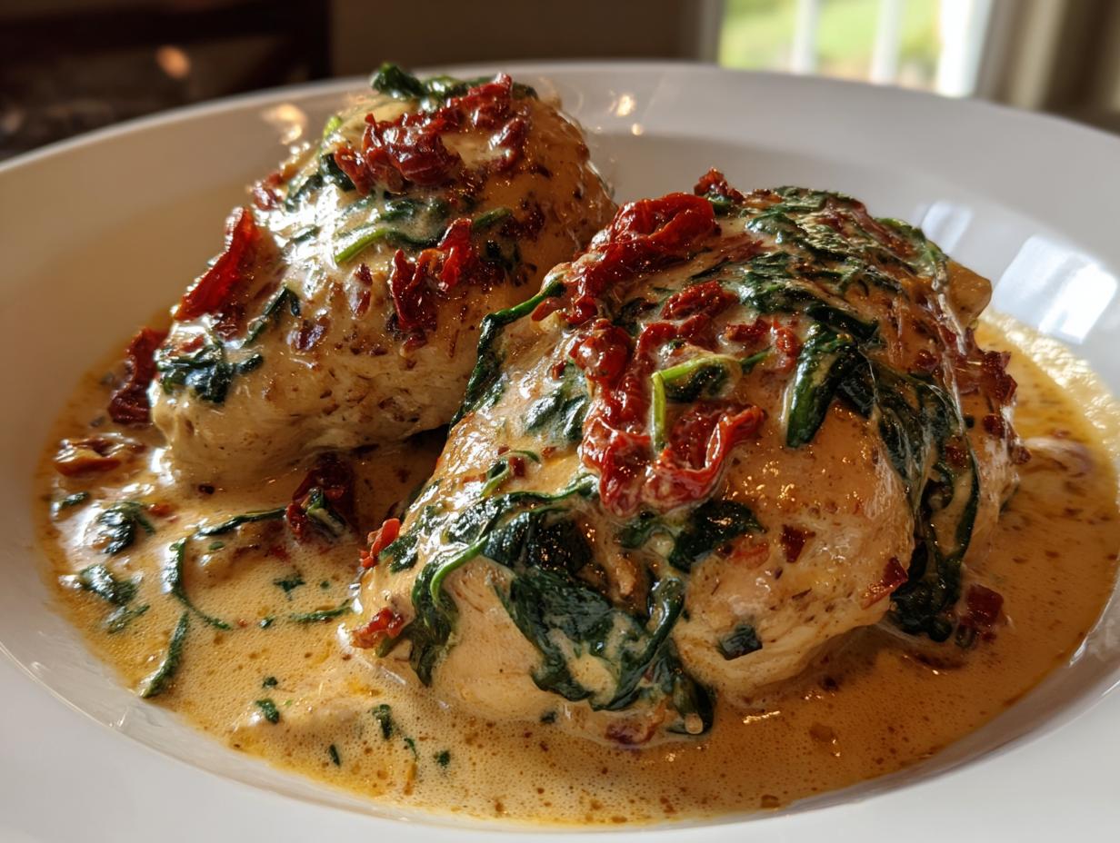 Two perfectly cooked chicken breasts smothered in a rich, creamy sauce with spinach and sun-dried tomatoes, ready to eat creamy tuscan chicken.