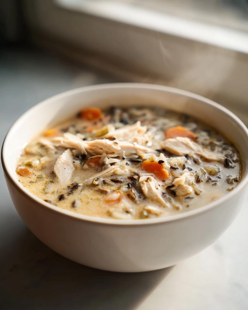 Close-up of a steaming white bowl filled with creamy wild rice soup, featuring shredded chicken and sliced carrots.