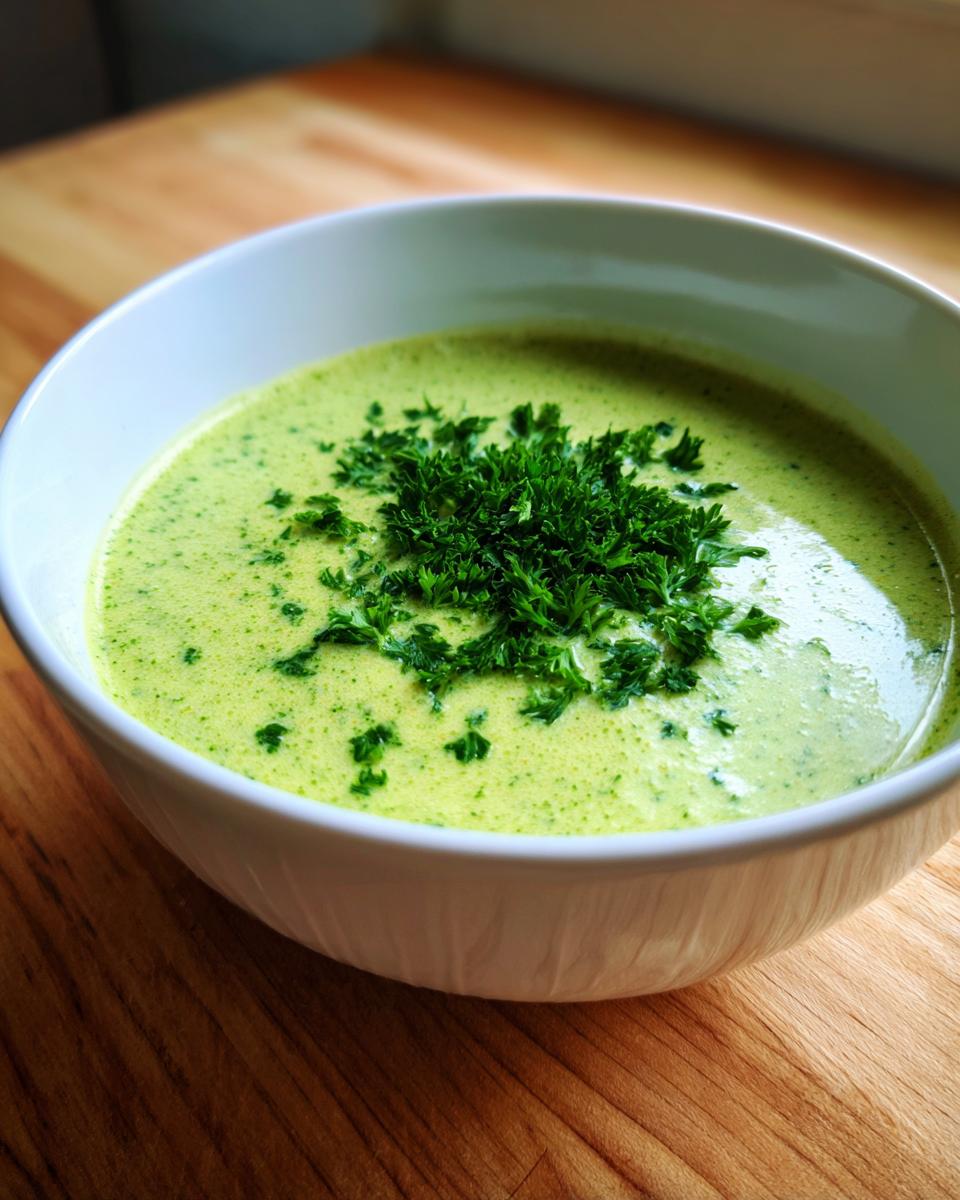 A close-up of creamy green zucchini soup in a white bowl, garnished generously with fresh chopped parsley.