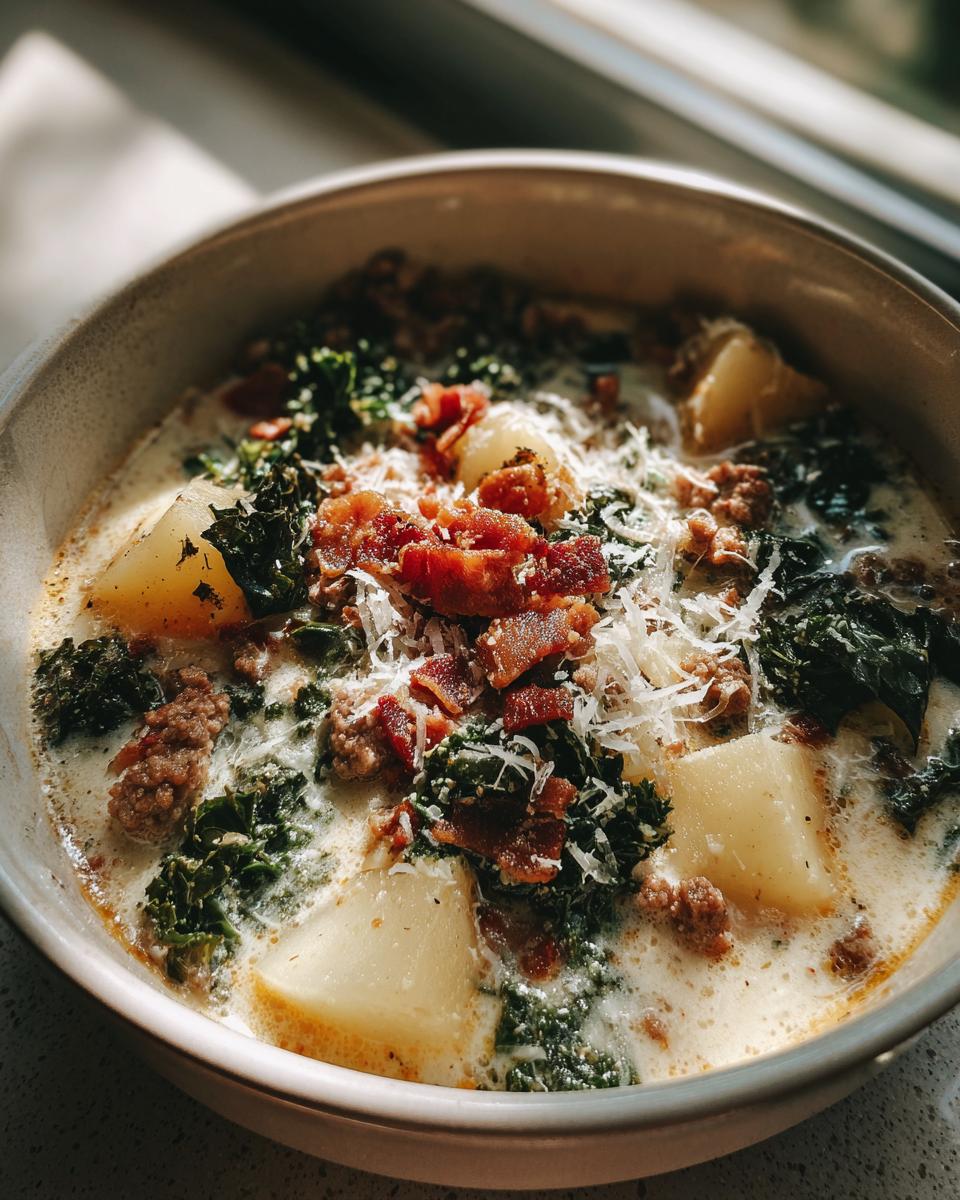 A close-up, appetizing bowl of creamy Zuppa Toscana soup featuring chunks of potato, sausage, kale, and topped with bacon bits and grated Parmesan.