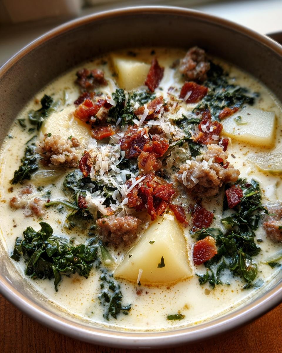 A close-up view of a bowl of creamy Zuppa Toscana soup topped with sausage, bacon, kale, and grated Parmesan cheese.