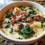 A close-up shot of a hearty bowl of Zuppa Toscana soup, featuring sausage, potatoes, kale, bacon, and parmesan cheese.