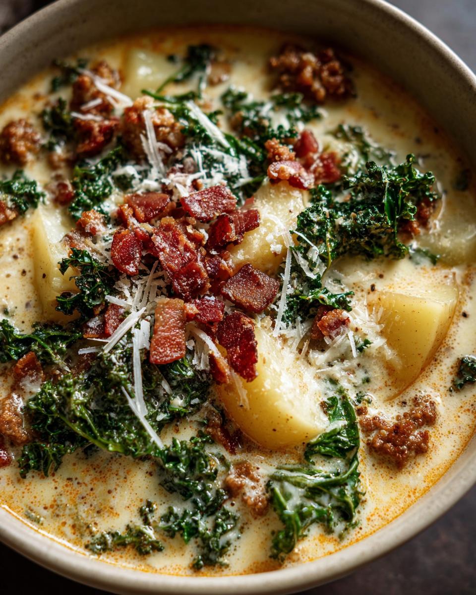 Close-up of a bowl of creamy Zuppa Toscana soup, topped with kale, potatoes, crumbled sausage, bacon bits, and grated Parmesan cheese.
