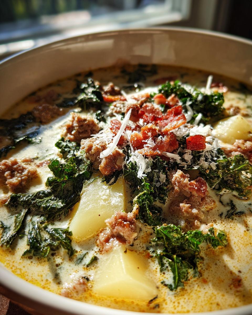 A close-up, appetizing bowl of creamy zuppa toscana soup featuring chunks of potato, sausage, kale, and topped with bacon bits and grated Parmesan.