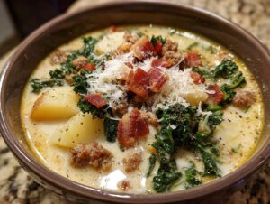 A close-up of a hearty bowl of Zuppa Toscana soup topped with bacon, sausage, kale, and grated Parmesan cheese.