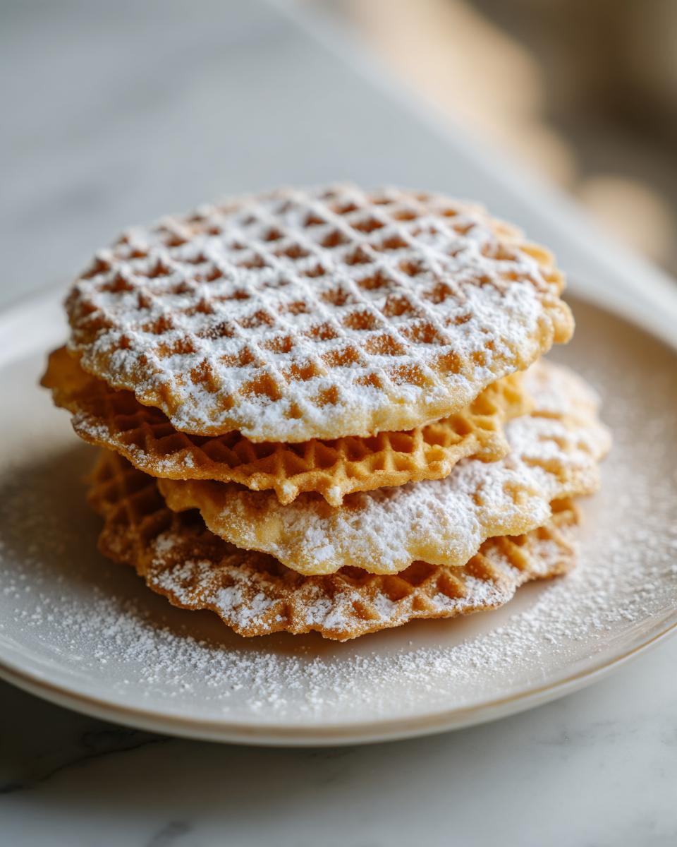 A stack of three golden brown, crisp pizzelle cookies generously dusted with white powdered sugar on a light plate.