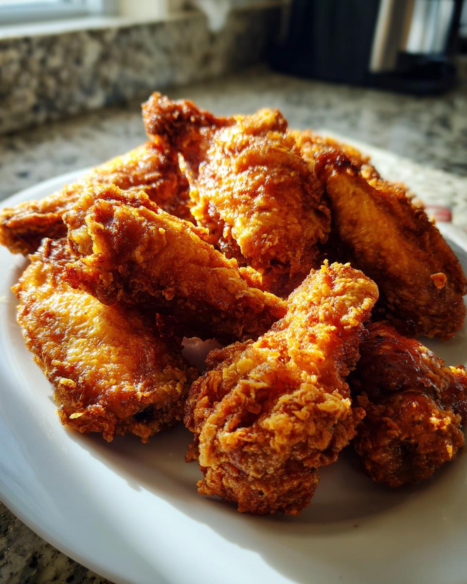A pile of golden brown, crispy fried chicken wings glistening under sunlight on a white plate.