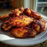 Close-up of a pile of perfectly crispy, golden-brown chicken wings seasoned with spices, served on a white plate.