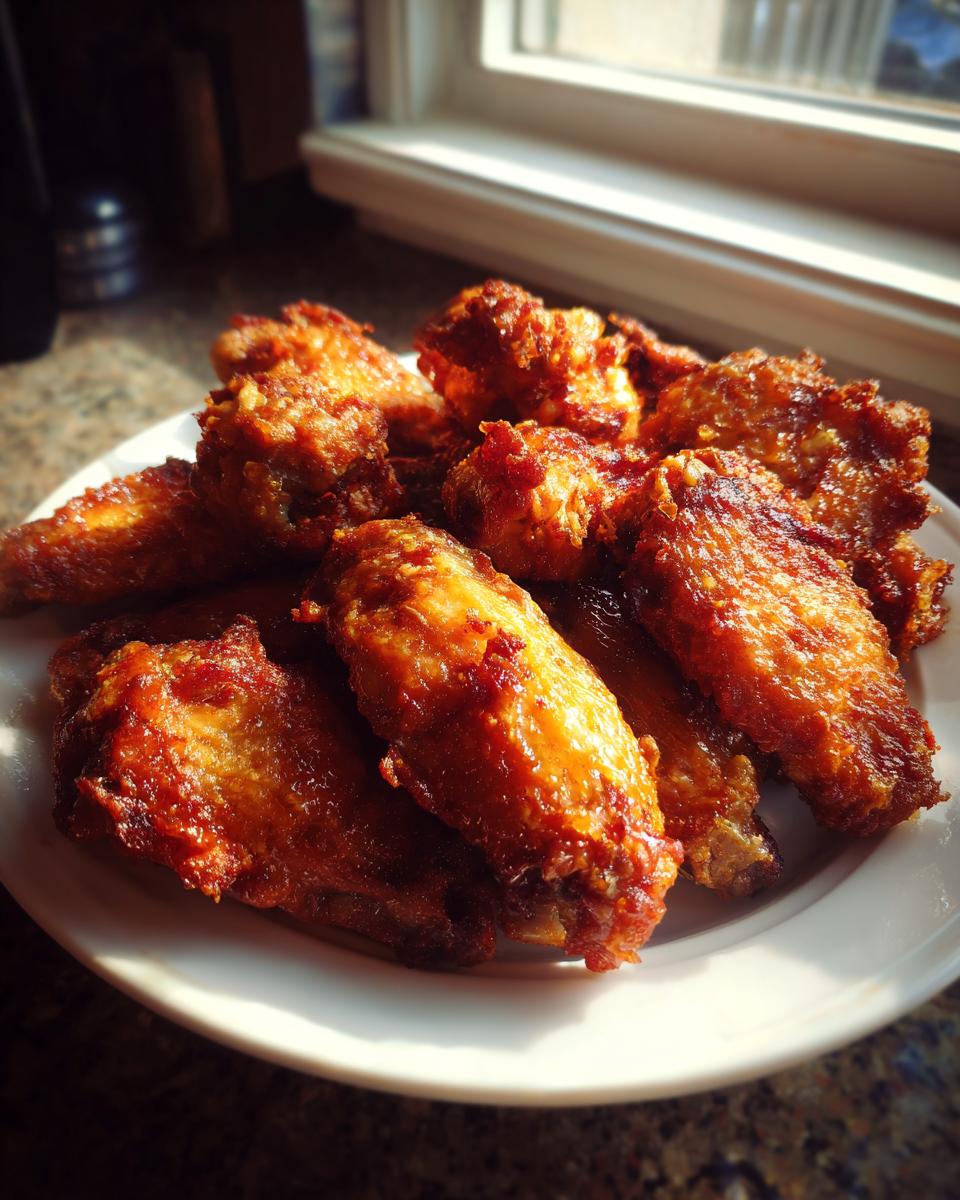 A plate piled high with perfectly crispy, golden brown chicken wings, catching the sunlight near a window.