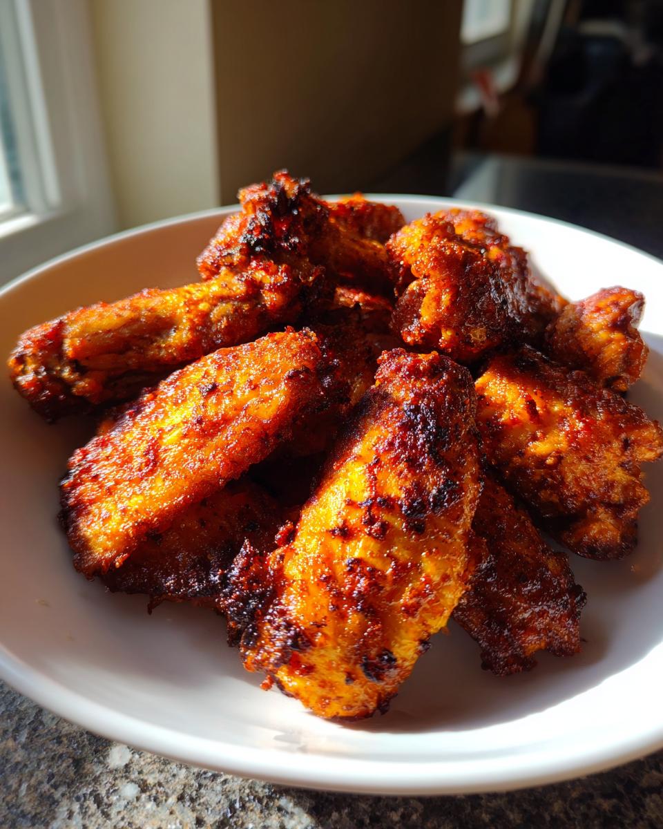 A close-up of perfectly crispy, seasoned chicken wings piled high in a white bowl, showcasing their rich, reddish-brown color.