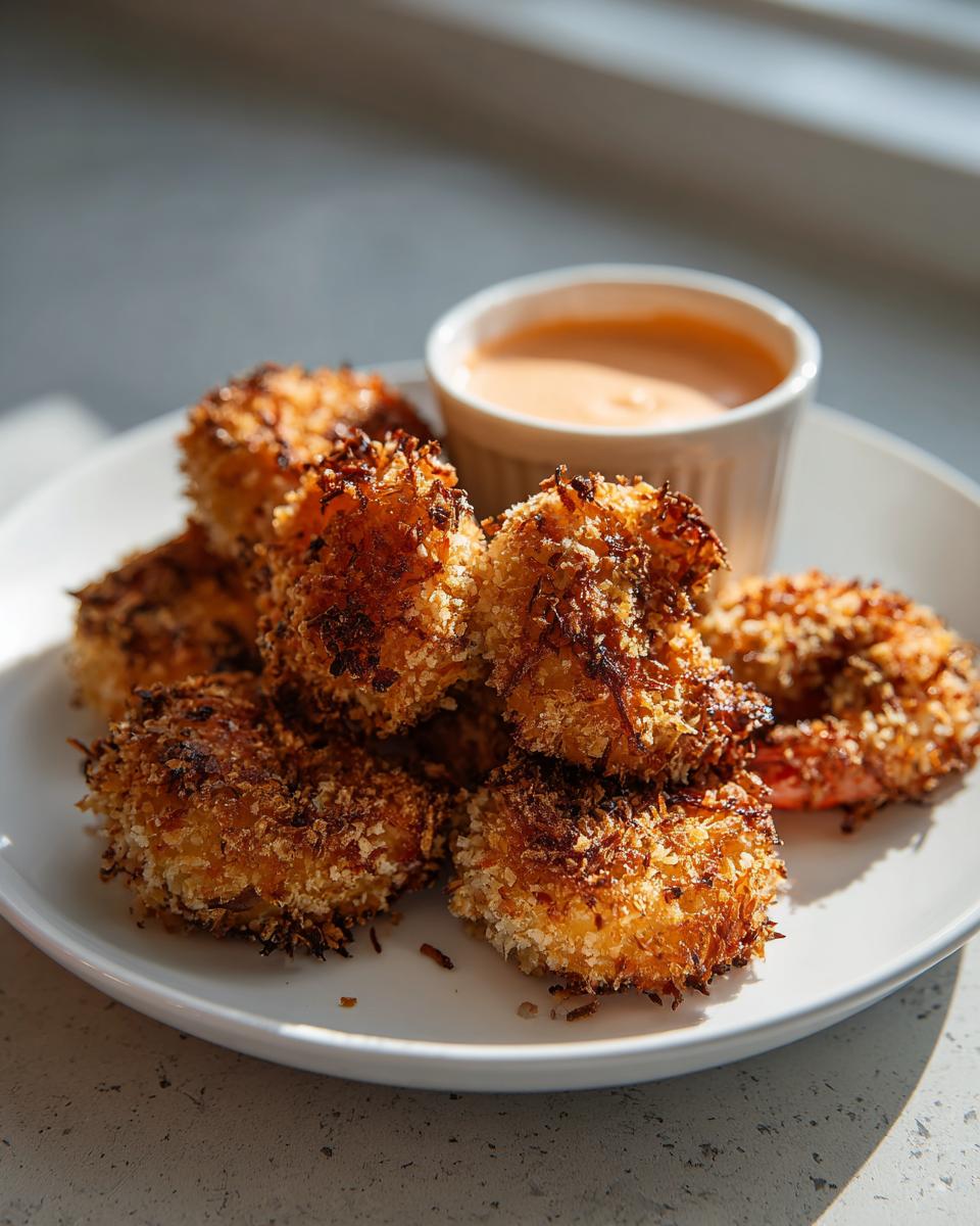 A pile of golden brown, crispy coconut shrimp served on a white plate next to a small ramekin of orange dipping sauce.