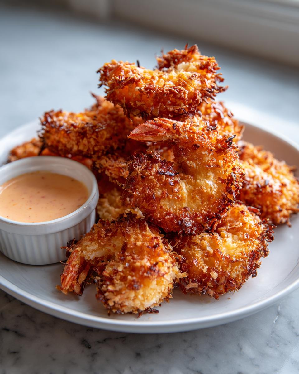 A pile of perfectly golden brown, crispy coconut shrimp served on a white plate next to a small ramekin of orange dipping sauce.